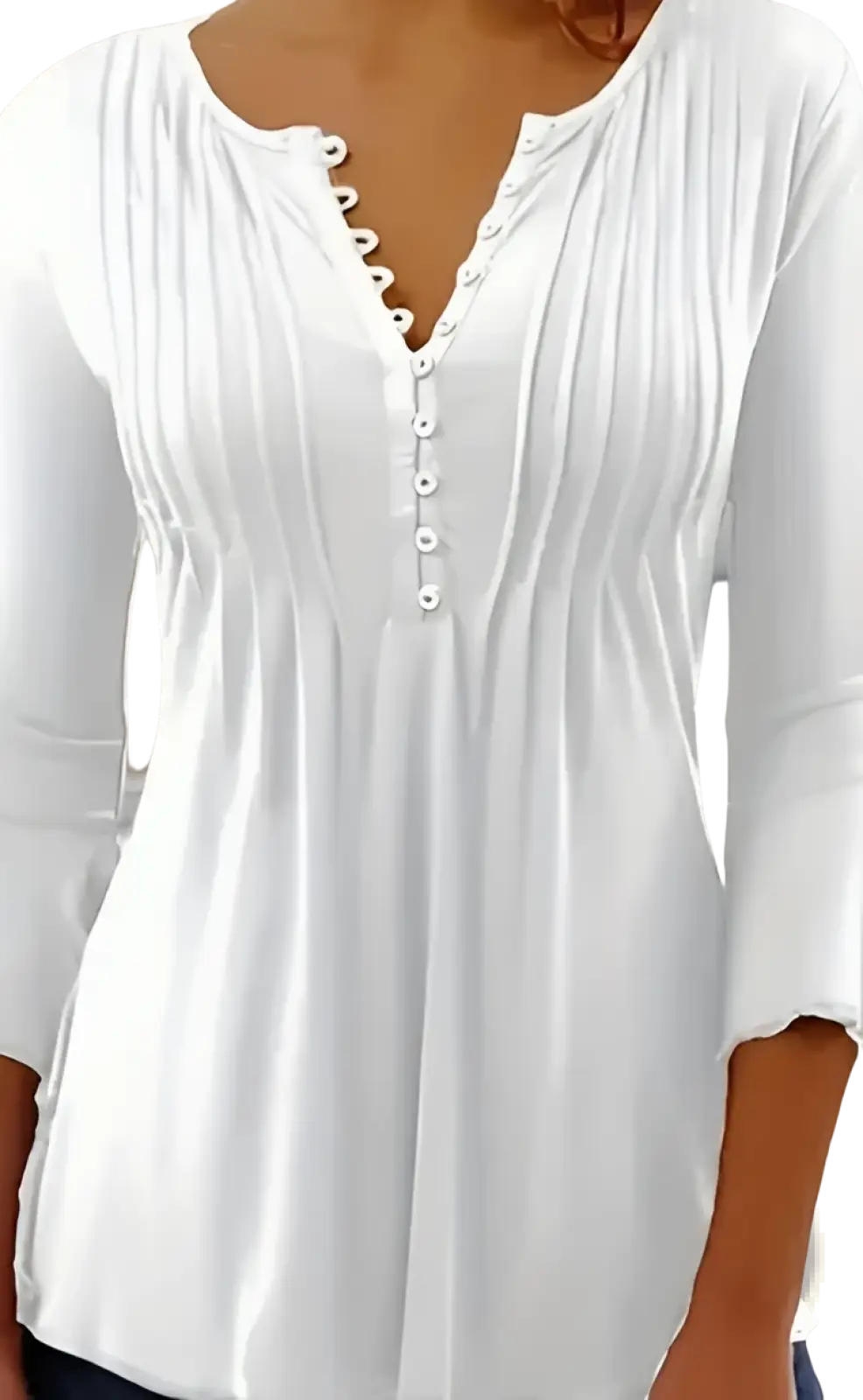 White long sleeve blouse with ruched button front and pleated detailing suitable for formal or casual wear