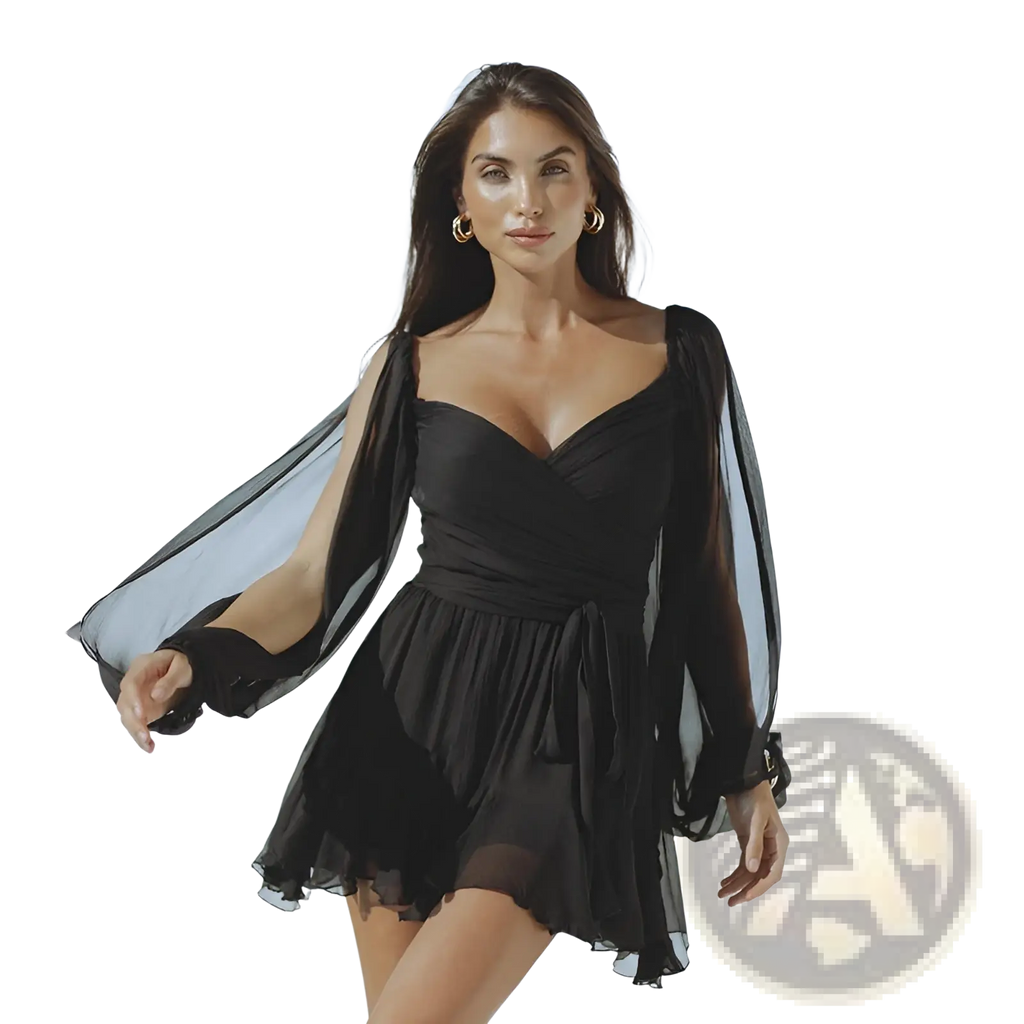 Black sheer chiffon ruched long sleeve mini dress with voluminous puffy sleeves and draped bodice