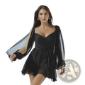 Black sheer chiffon ruched long sleeve mini dress with voluminous puffy sleeves and draped bodice