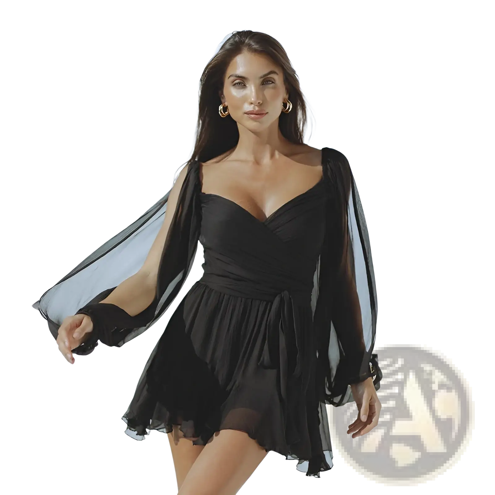 Black sheer chiffon ruched long sleeve mini dress with voluminous puffy sleeves and draped bodice