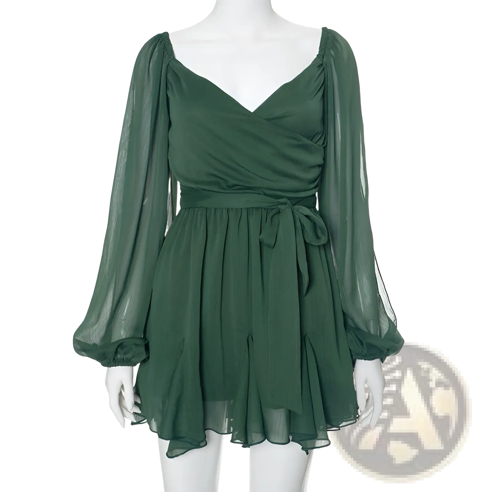 Ruched chiffon long sleeve mini dress in flowing emerald green with sheer sleeves and a self-tie waistband