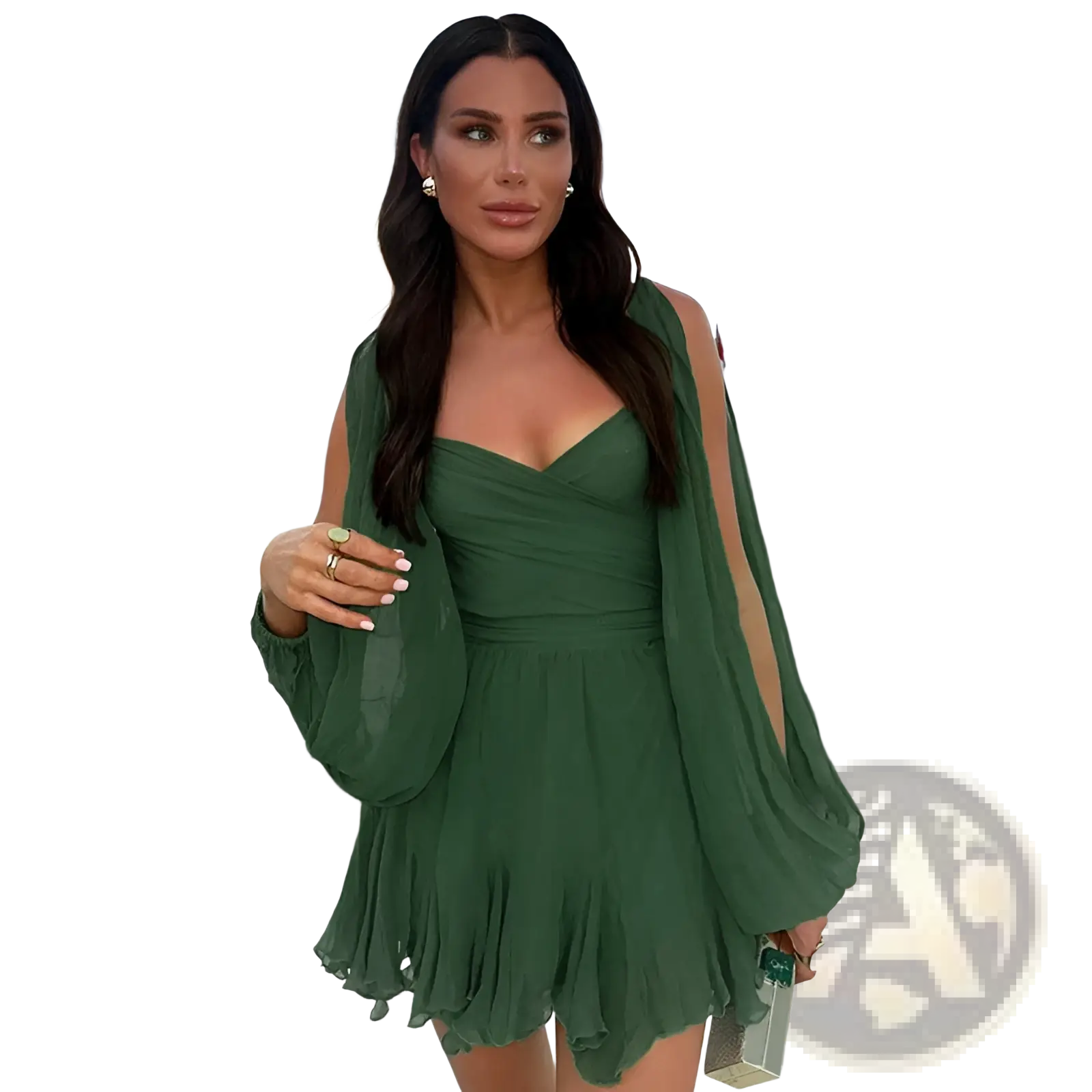 A flowing emerald green chiffon ruched long sleeve mini dress with sweetheart neckline and ruffled hem