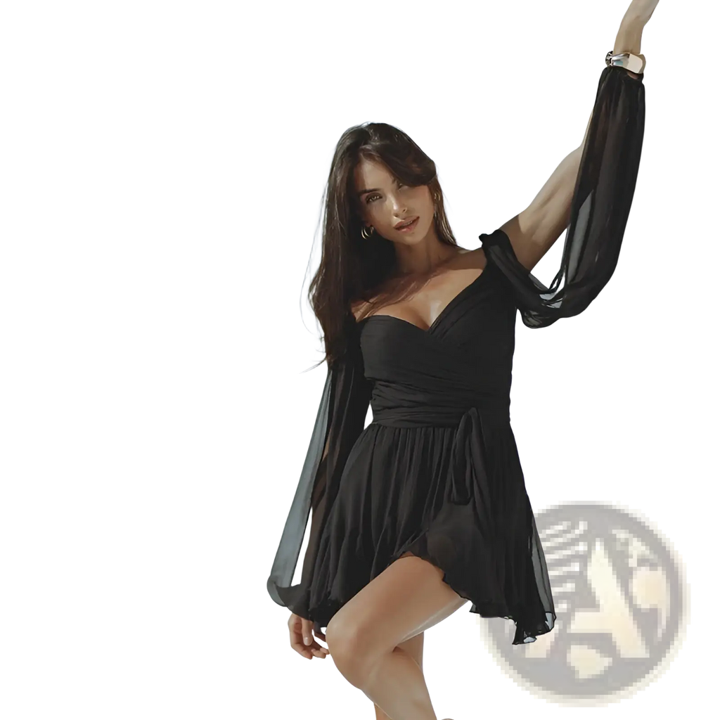 Black ruched chiffon long sleeve mini dress with off-the-shoulder neckline sheer sleeves and gathered waistband