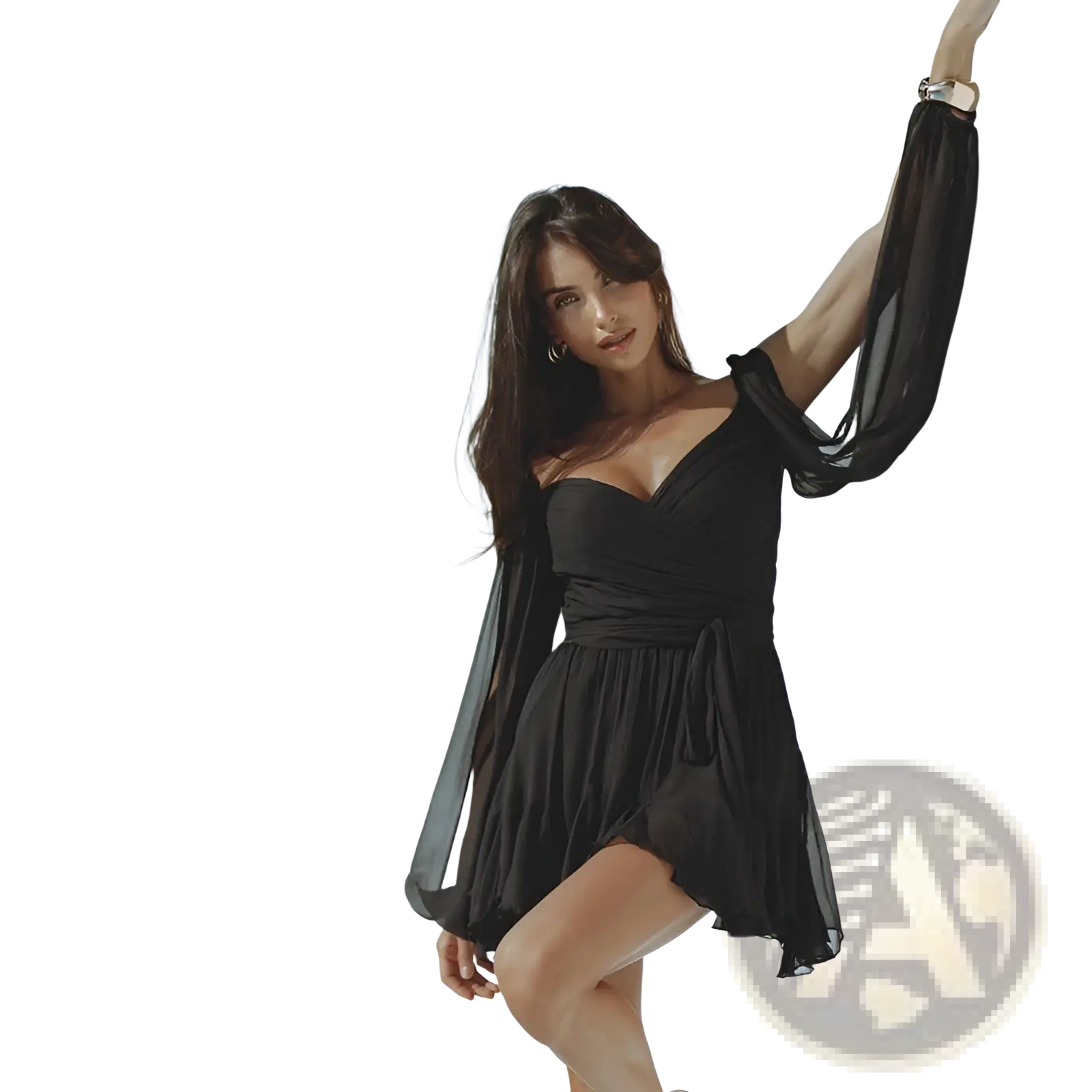Black ruched chiffon long sleeve mini dress with off-the-shoulder neckline sheer sleeves and gathered waistband