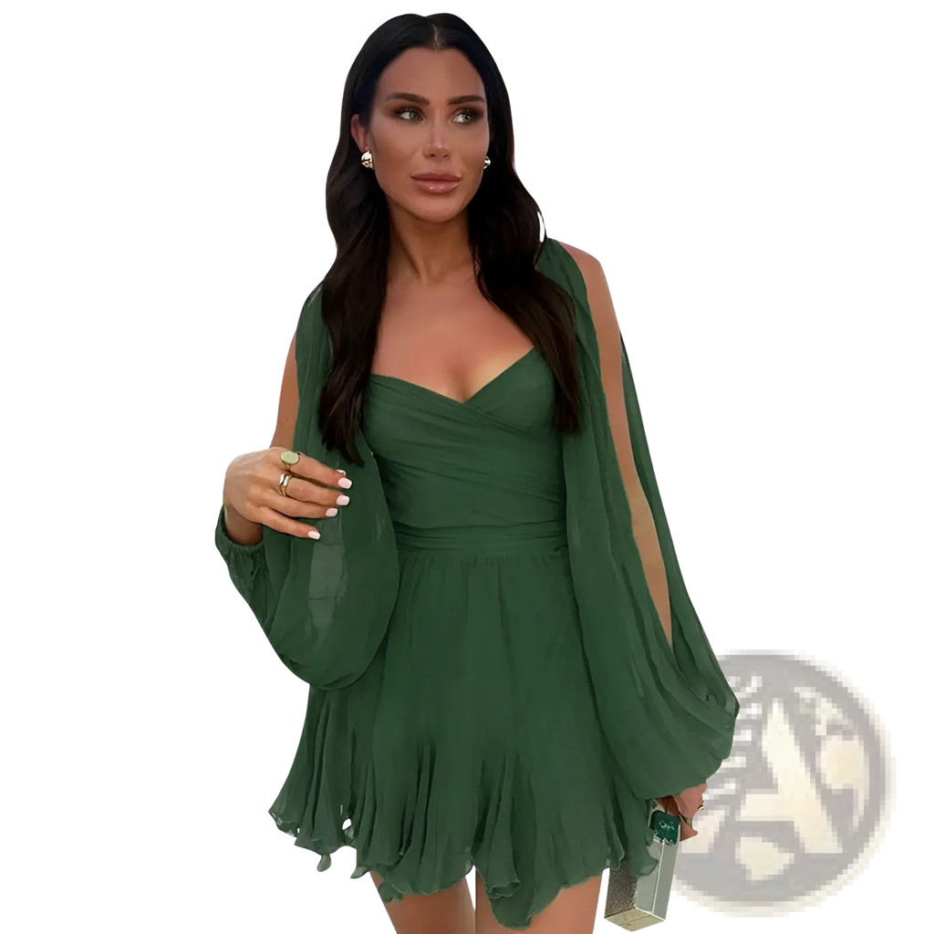 Emerald green ruched chiffon long sleeve mini dress with draped bodice sheer sleeves and ruffled hem