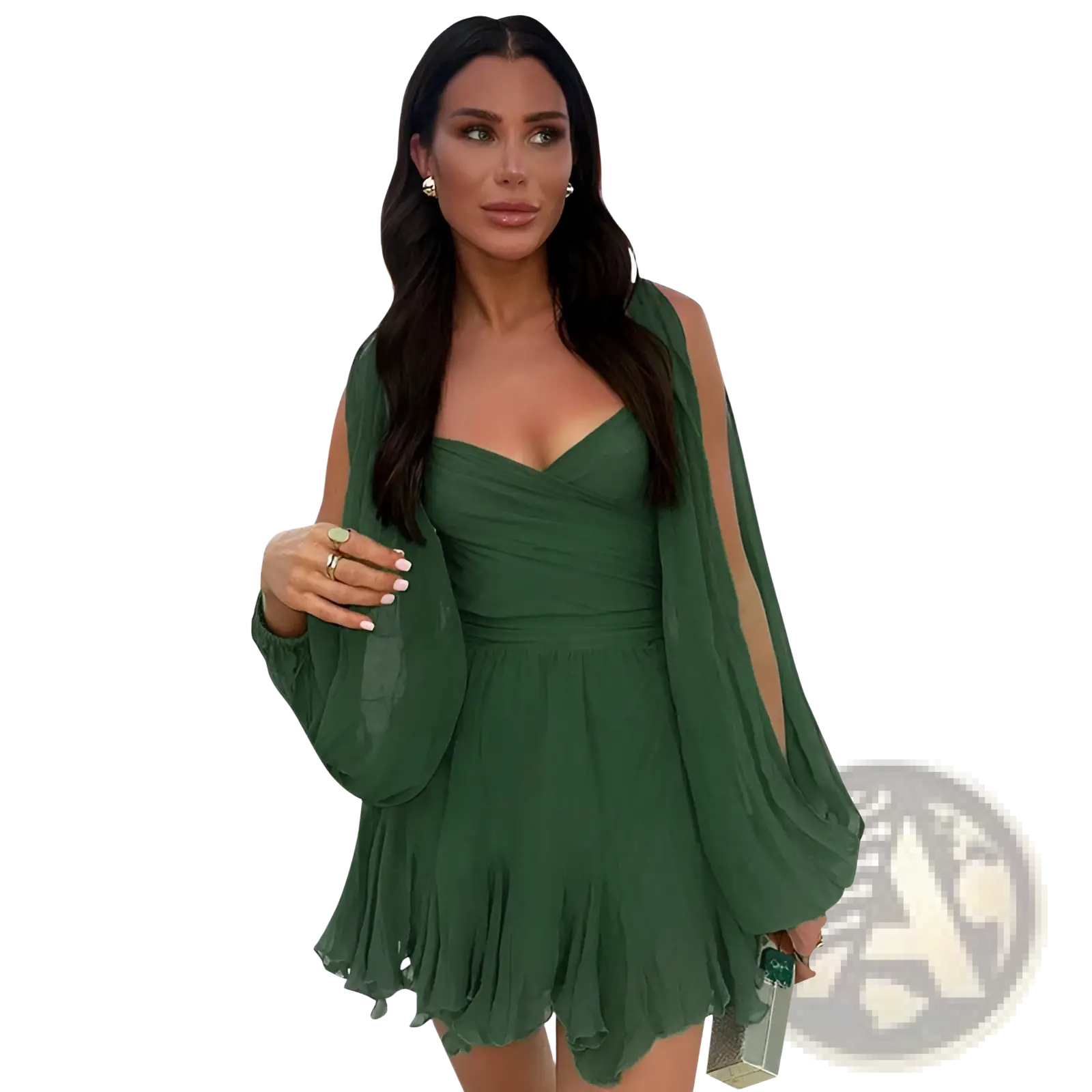 Emerald green ruched chiffon long sleeve mini dress with draped bodice sheer sleeves and ruffled hem