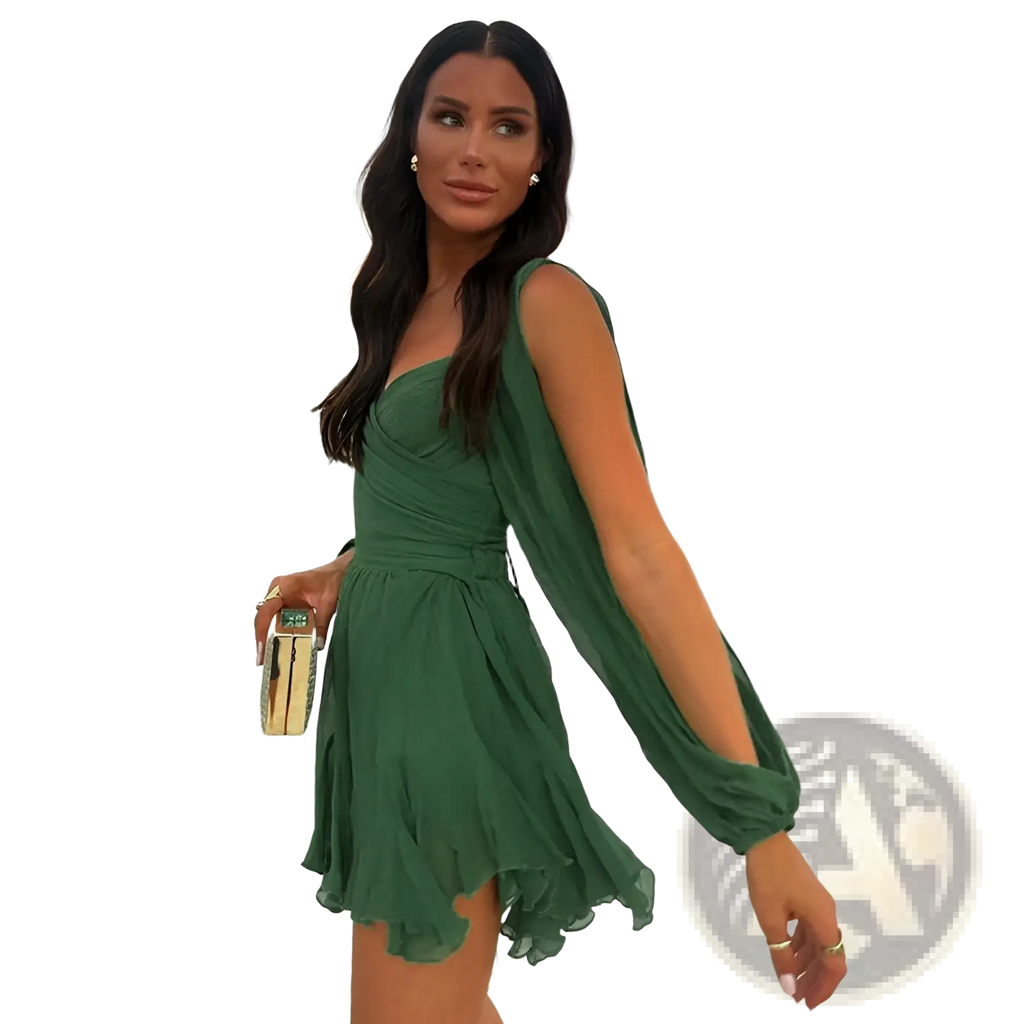 Green ruched chiffon sleeveless dress with flared skirt featuring a ruched bodice for elegant occasions