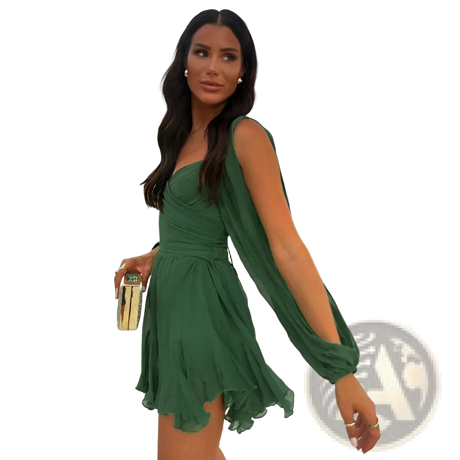 Green ruched chiffon sleeveless dress with flared skirt featuring a ruched bodice for elegant occasions