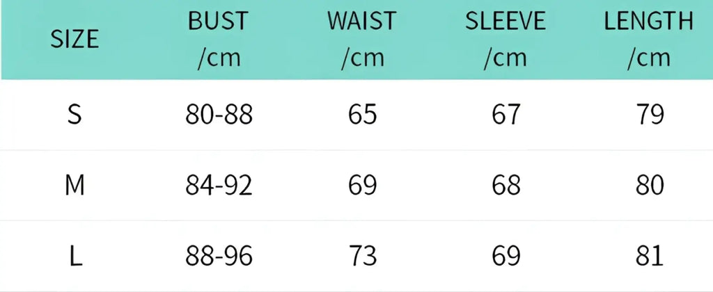 Size chart for ruched chiffon long sleeve mini dress showing bust waist sleeve and length measurements in centimeters for sizes s m and l