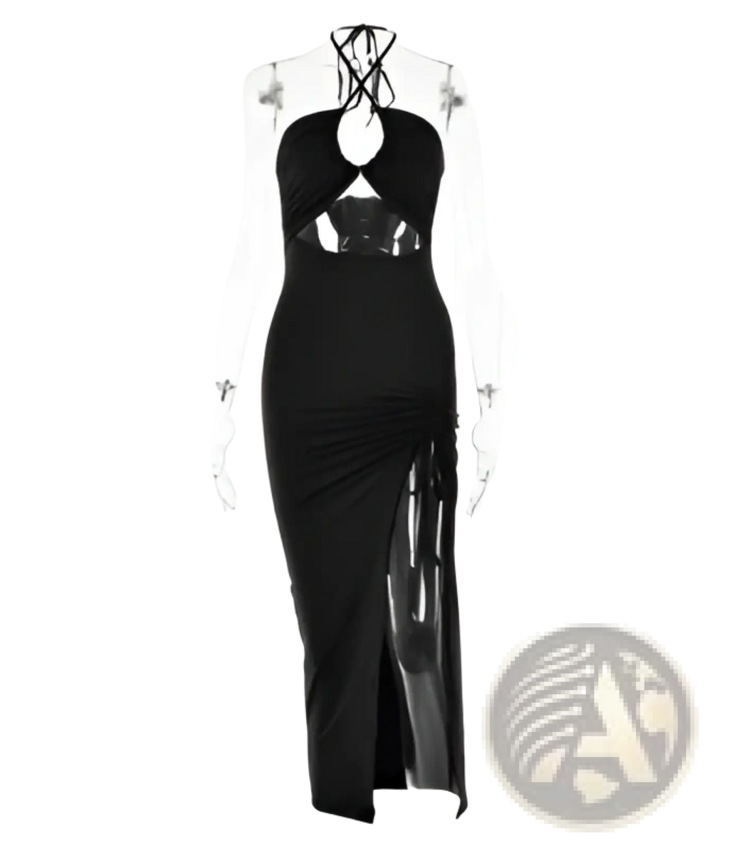 Black satin ruched halterneck maxi dress with cut-out details and a high slit for elegant evening wear