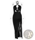 Black satin ruched halterneck maxi dress with cut-out details and a high slit for elegant evening wear