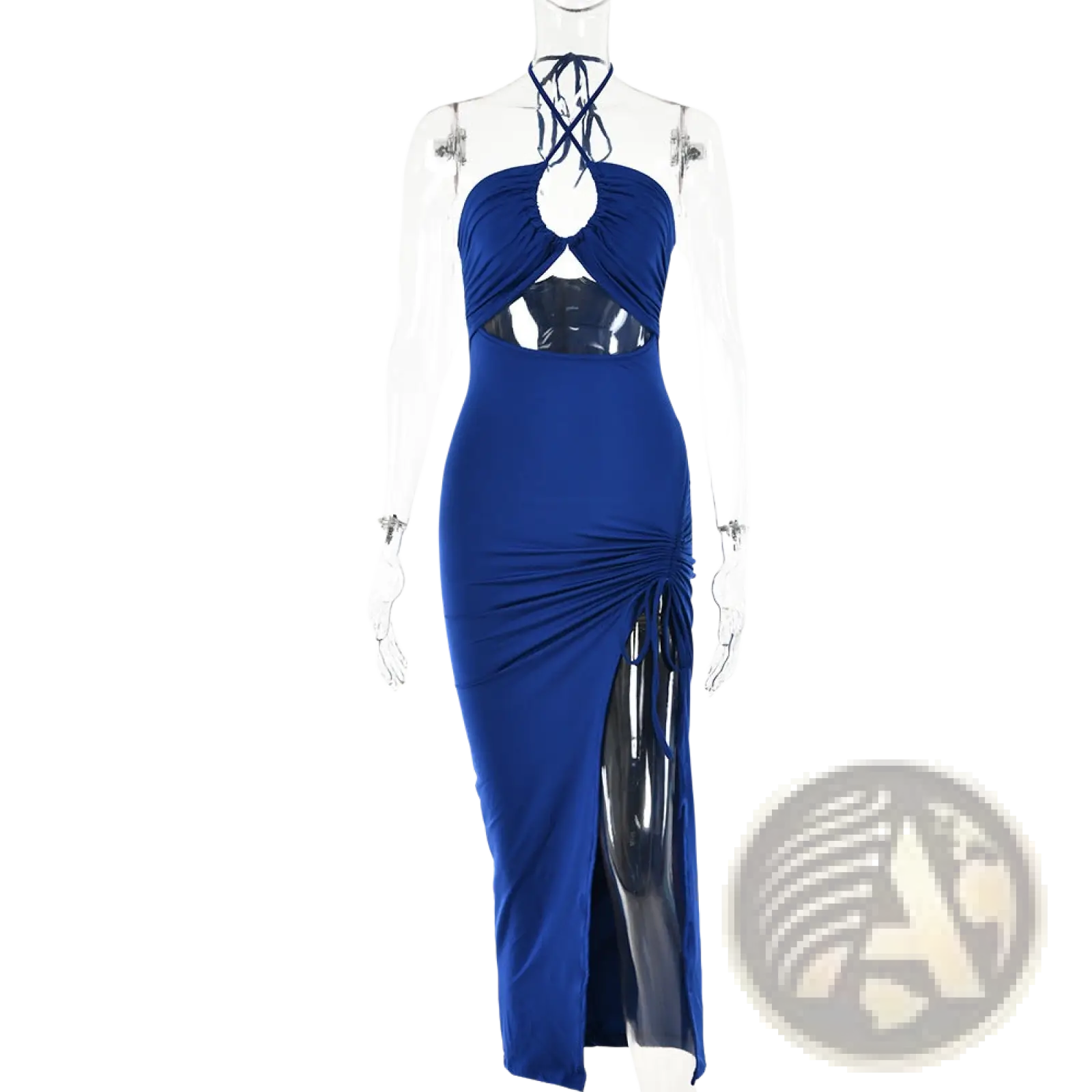 A royal blue ruched halterneck satin split maxi dress with a crisscross neckline and side slit