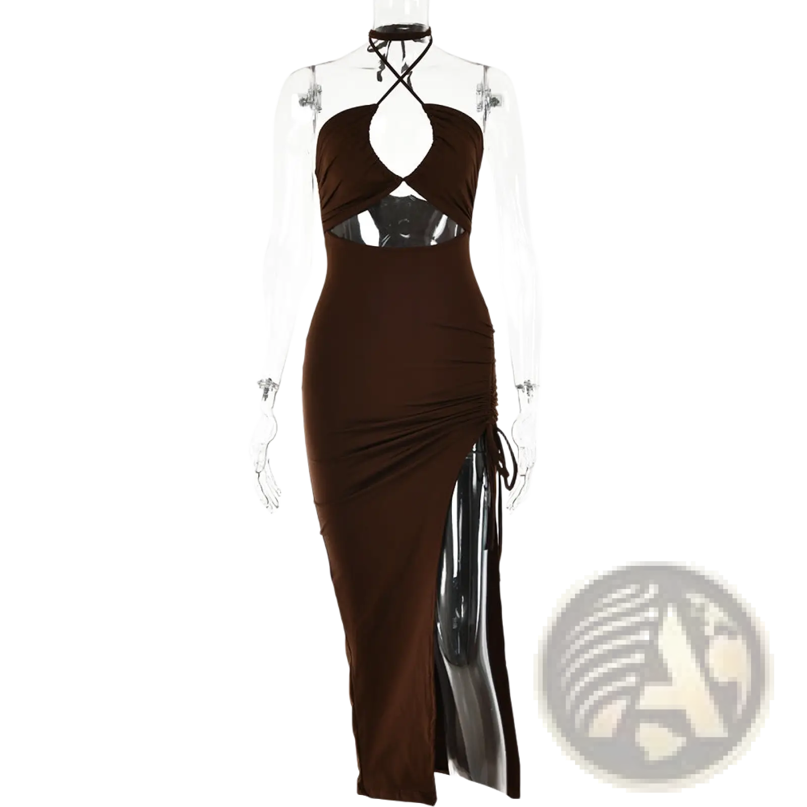 A sleek brown ruched halterneck satin maxi dress with a side slit and form-fitting silhouette