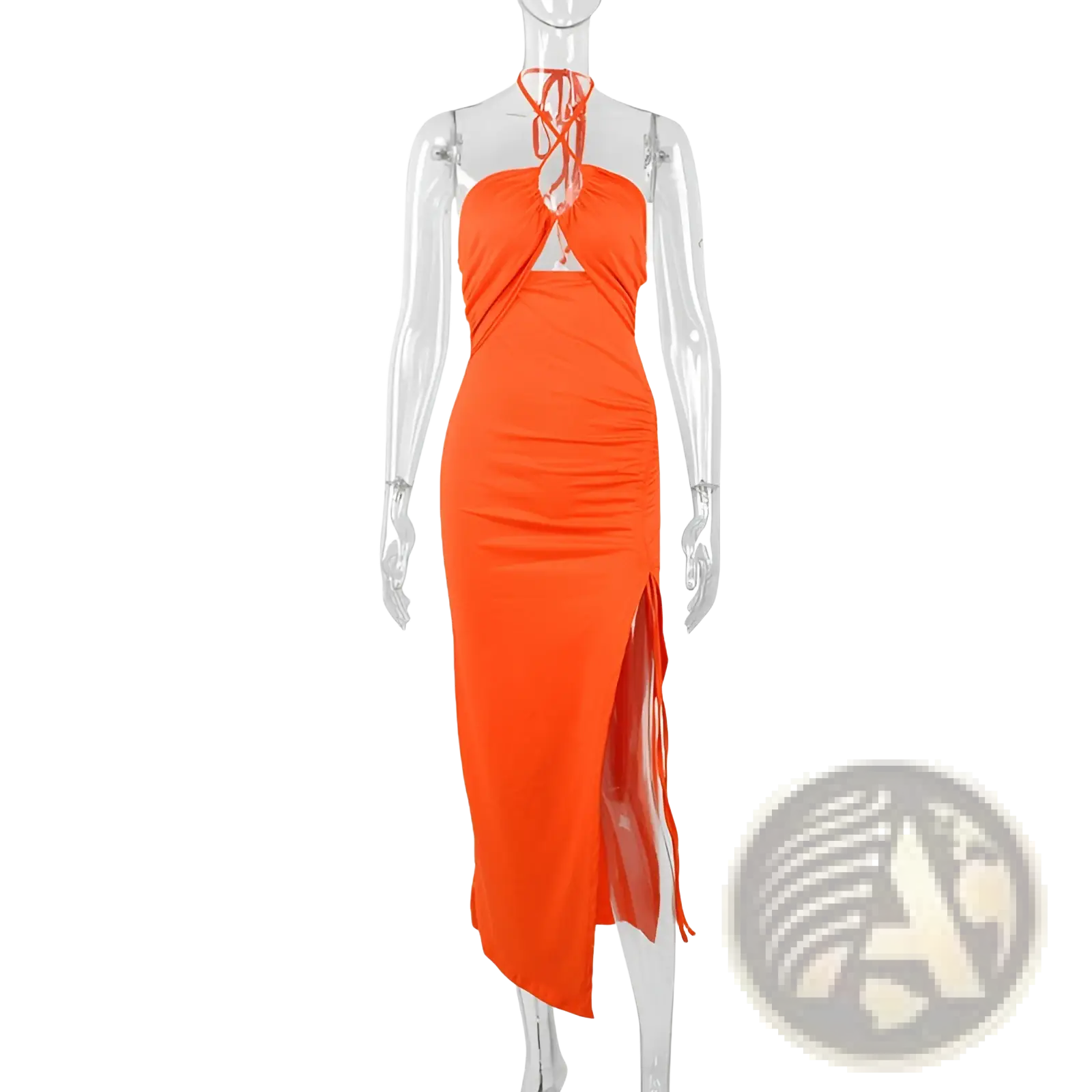 Vibrant orange ruched satin halterneck midi dress with crisscross neckline and side slit for elegant occasions