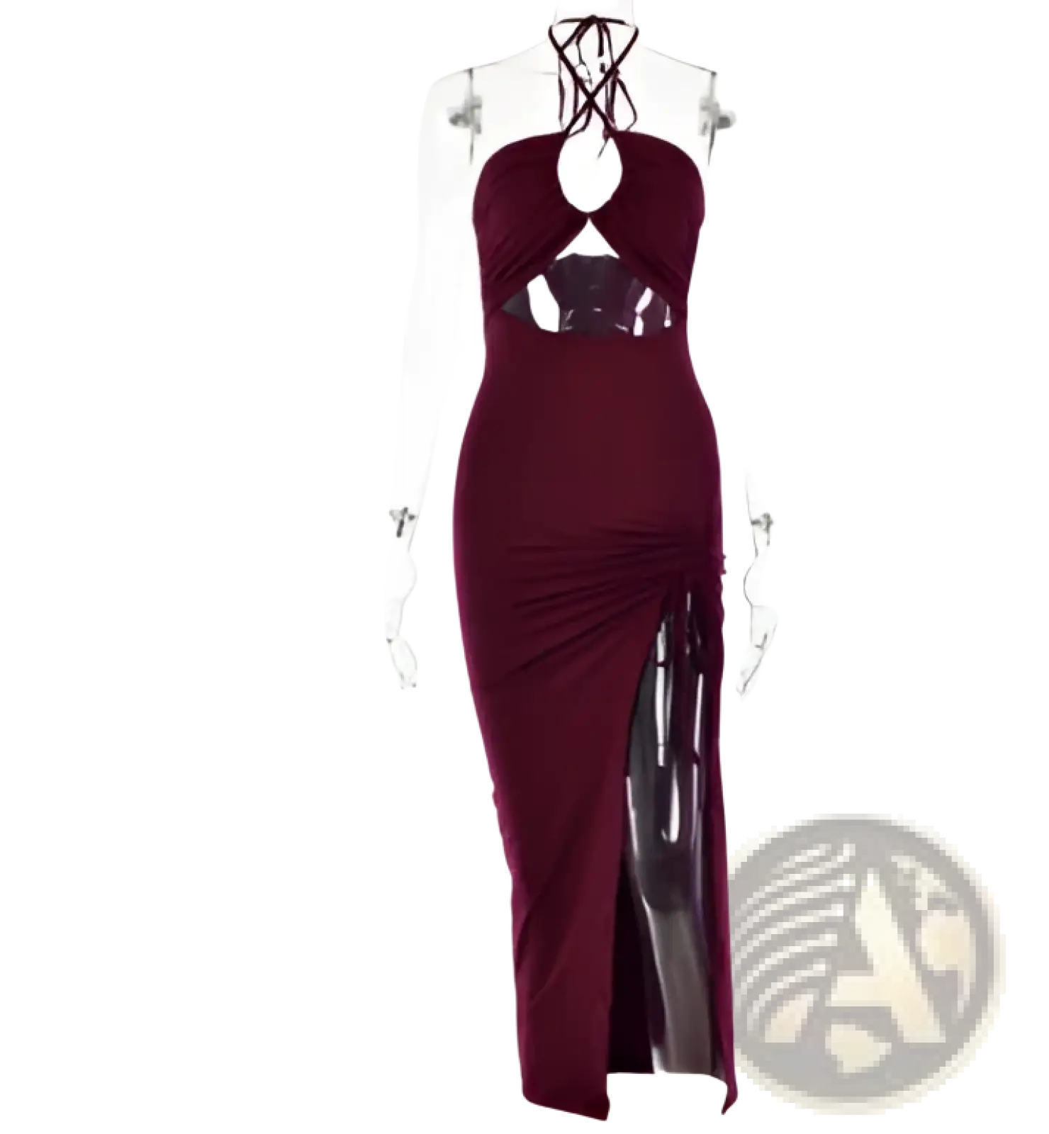 A form-fitting burgundy ruched halterneck satin maxi dress with a high slit and cut-out details