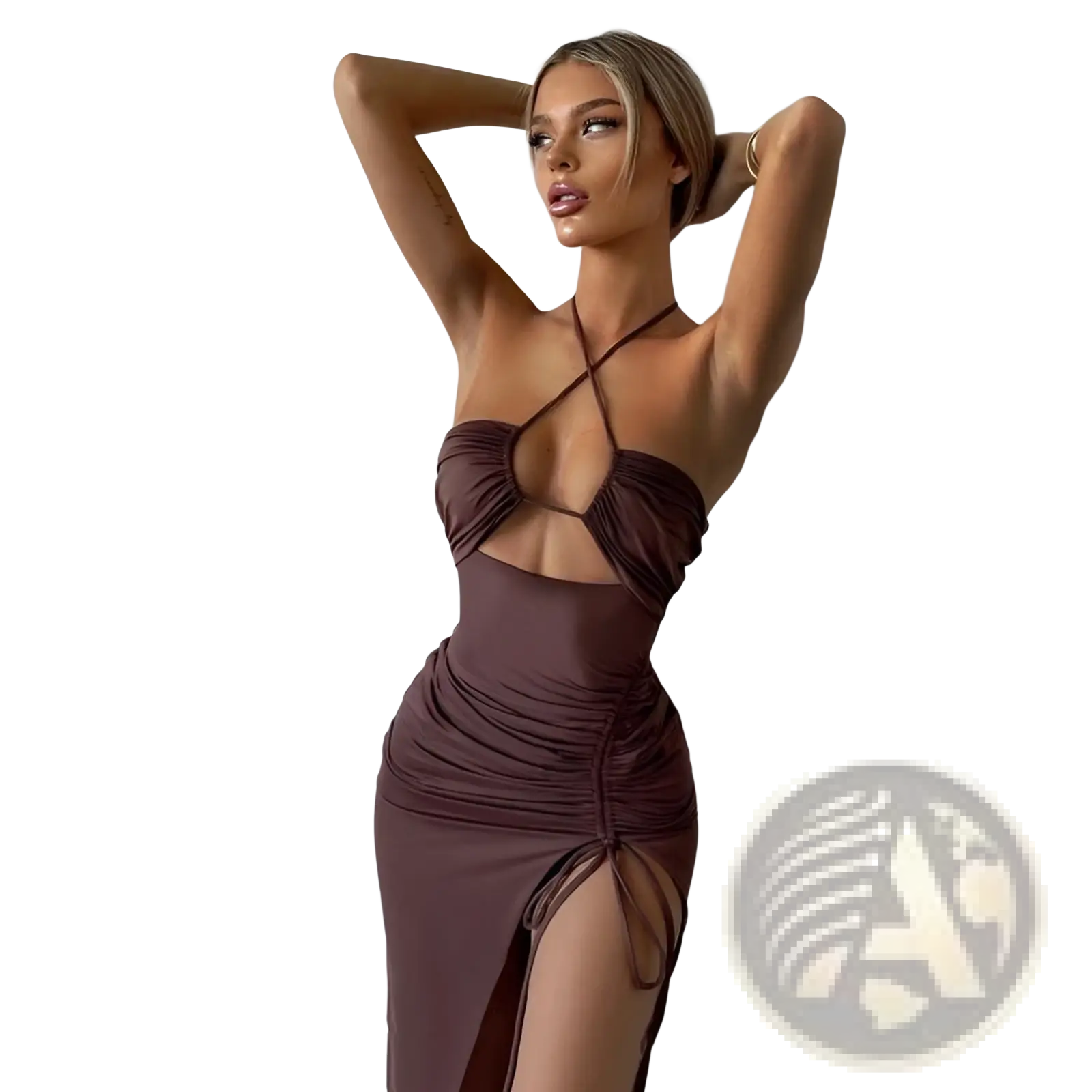A form-fitting chocolate brown satin ruched halterneck maxi dress with a side split ideal for formal occasions