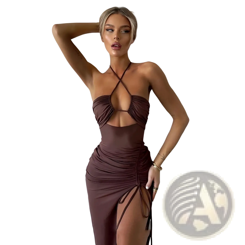 Chocolate brown ruched halterneck satin split maxi dress with plunging neckline and side tie details