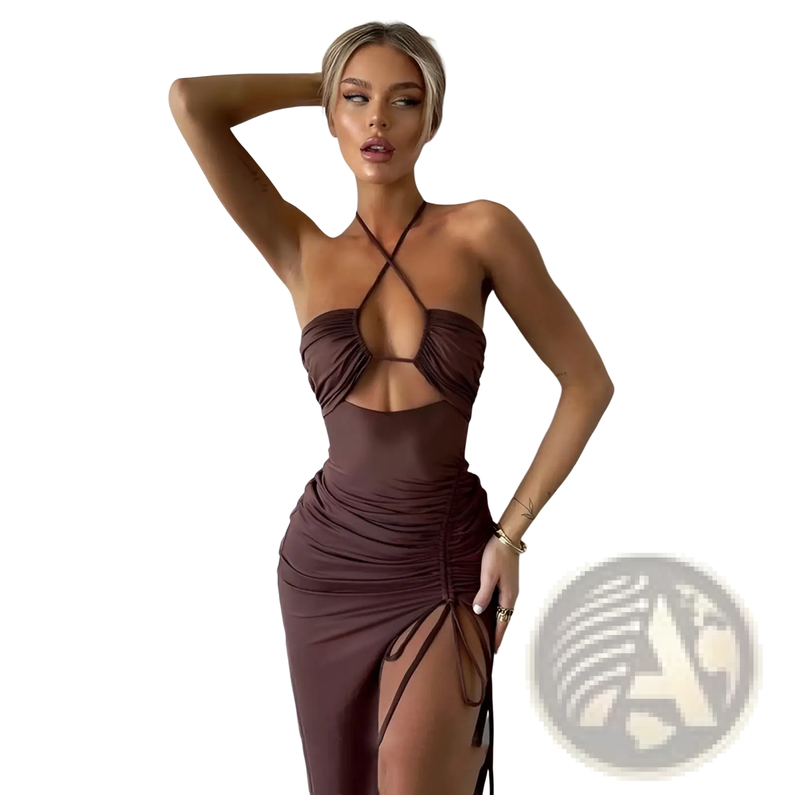 Chocolate brown ruched halterneck satin split maxi dress with plunging neckline and side tie details