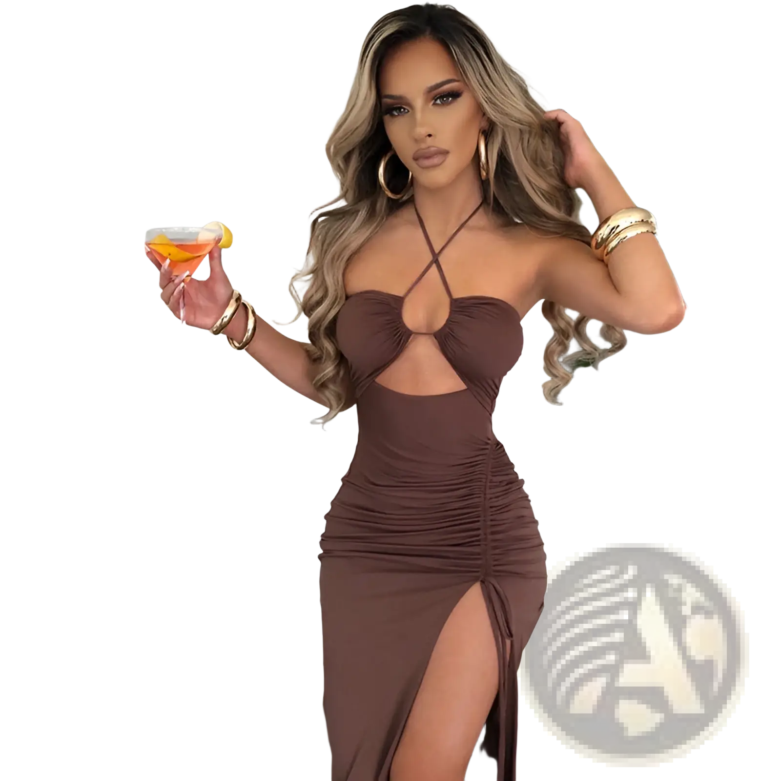 A stylish brown ruched satin halterneck maxi dress with cutout detail and a high slit