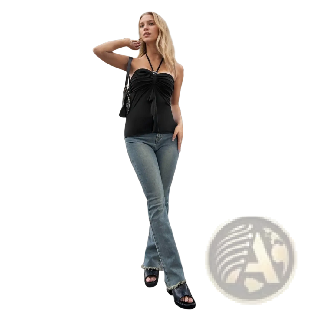 Black ruched halter top with a heart-shaped metal clasp at the neckline and an embellished back detail