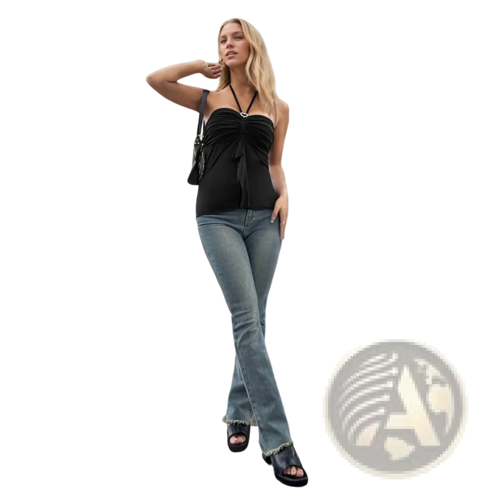 Black ruched halter top with a heart-shaped metal clasp at the neckline and an embellished back detail