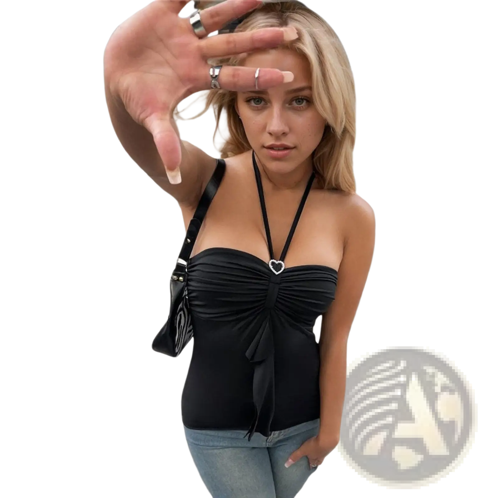 Black strapless ruched top with heart-shaped clasp and backless halter design for stylish evening wear