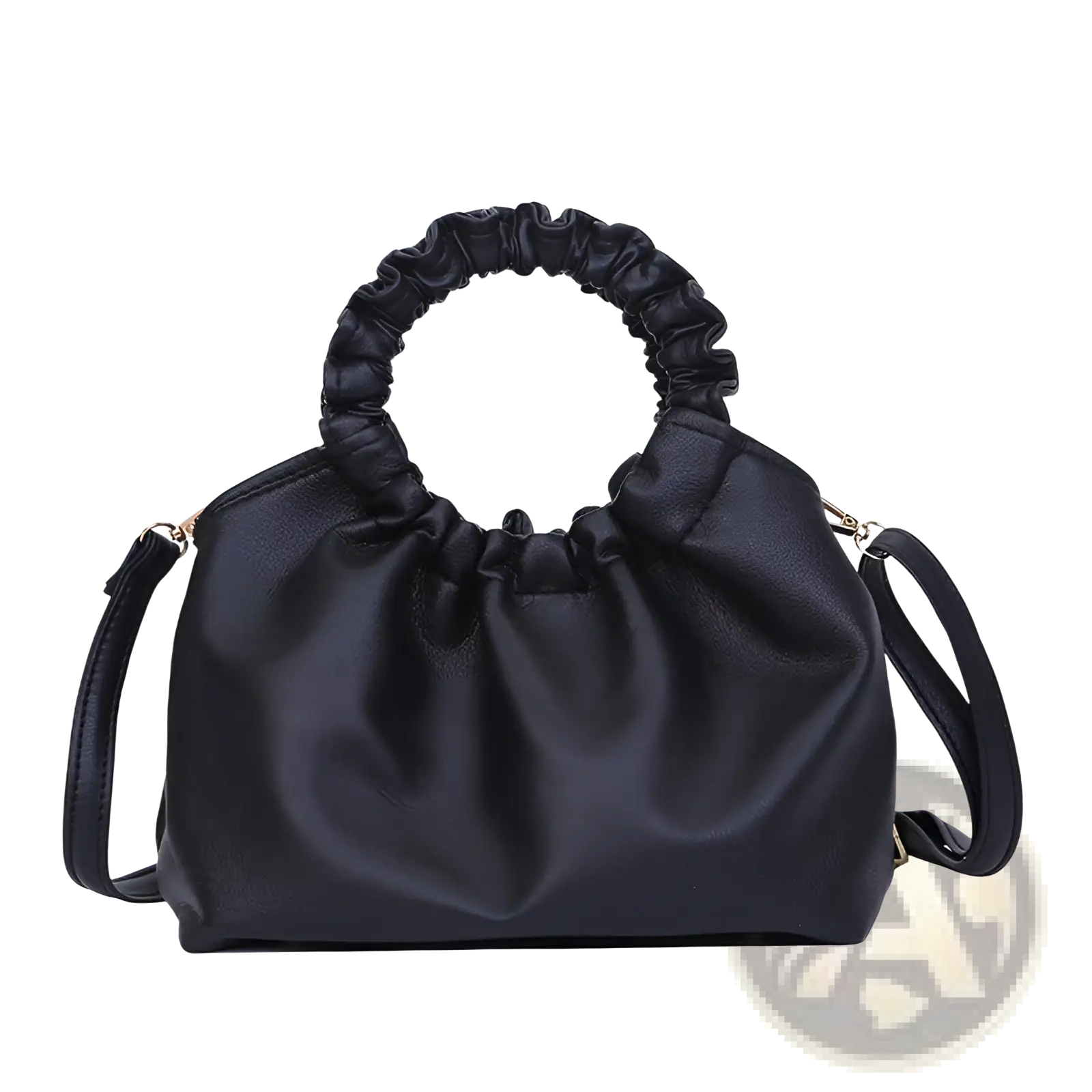 Black leather ruched leather bucket bag with adjustable shoulder strap and ruched top handle for versatile use