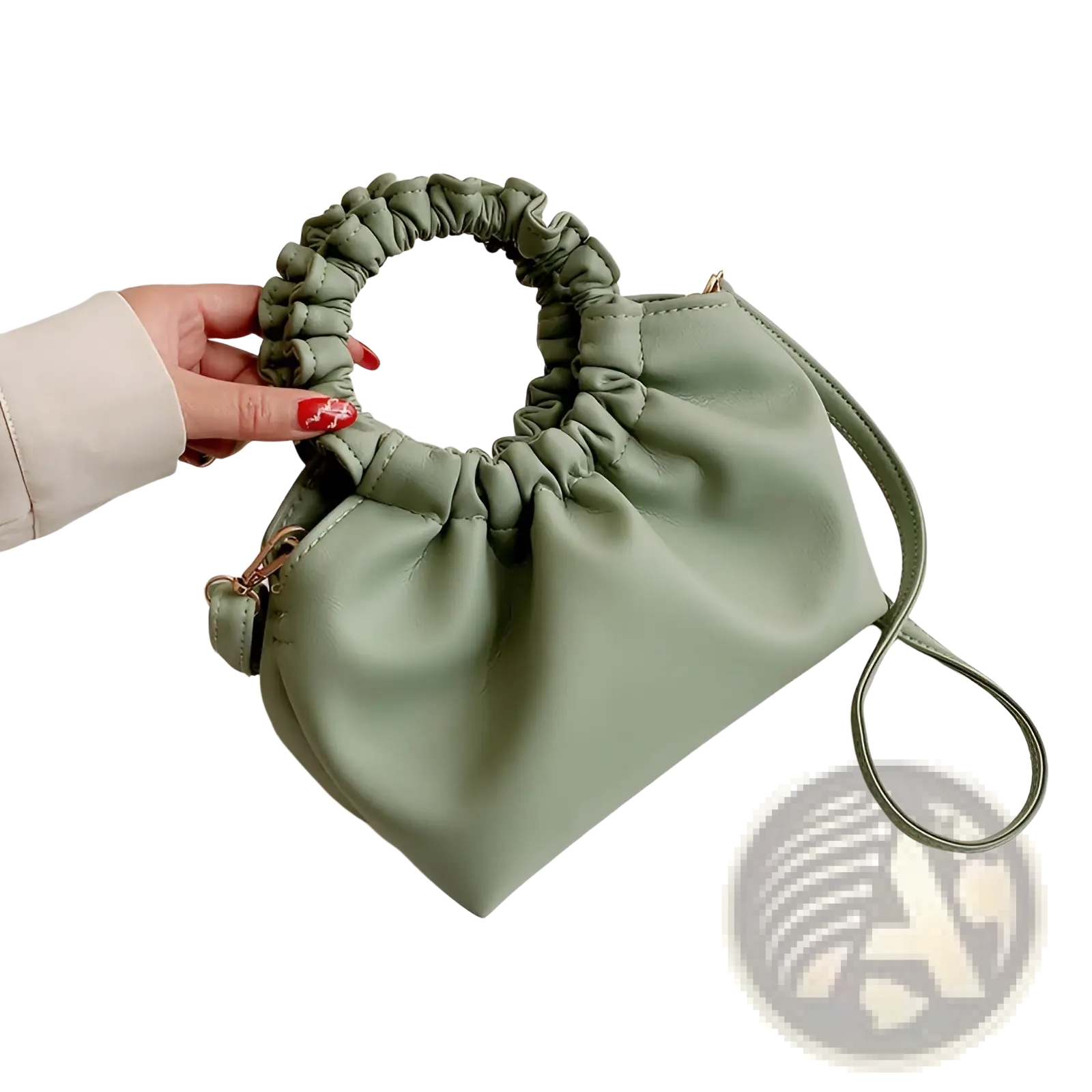 Ruched leather bucket bag in soft sage green with a gathered top handle and adjustable drawstring strap