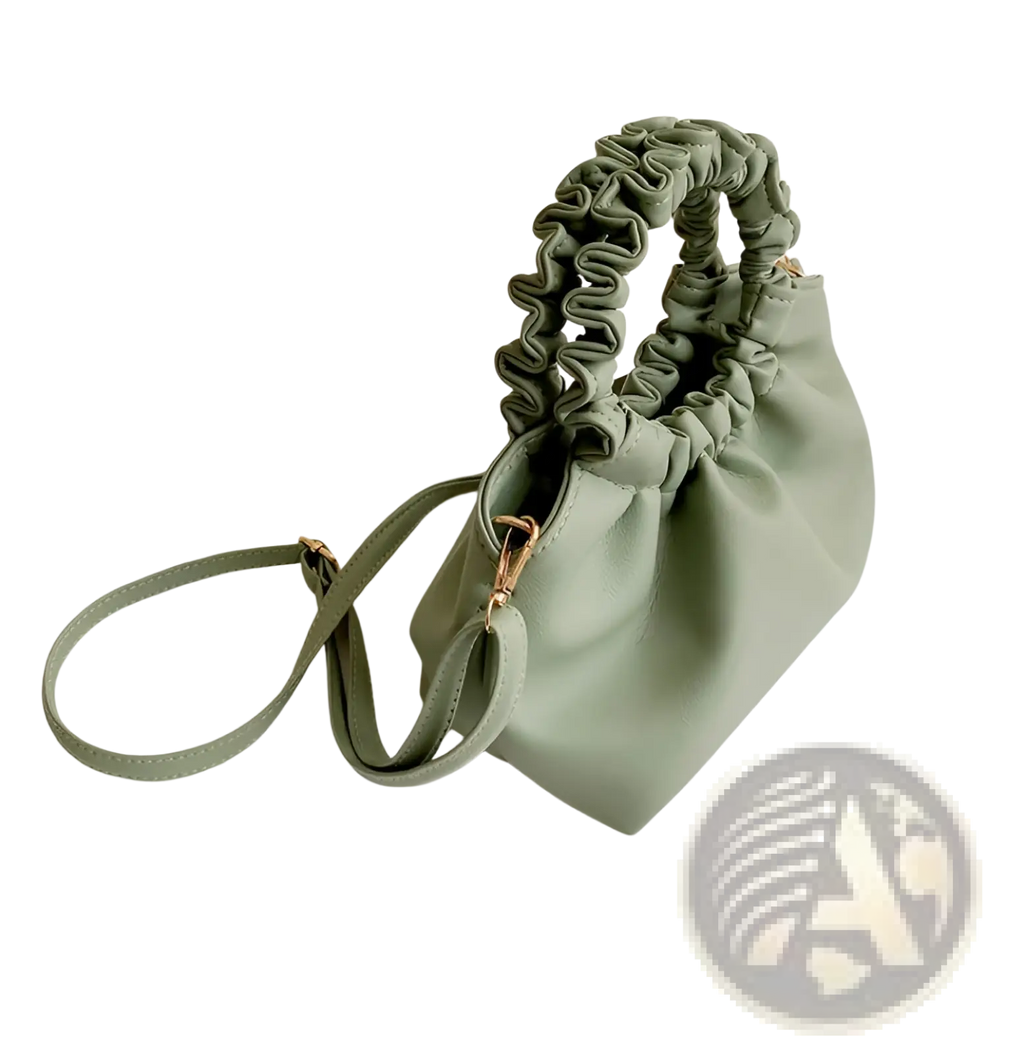 Ruched leather bucket bag in soft sage green with ruched top handle and adjustable shoulder strap