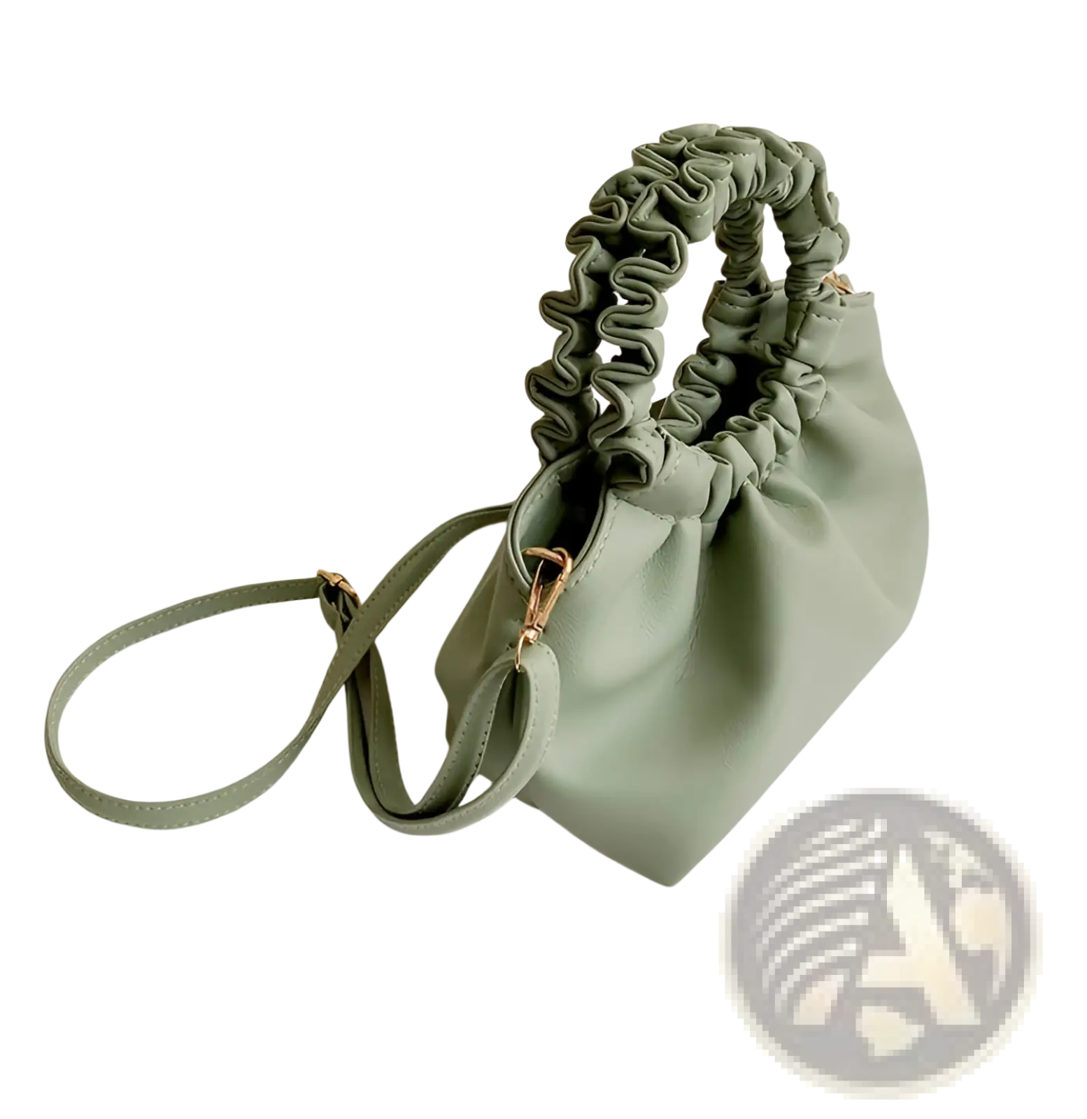 Ruched leather bucket bag in soft sage green with ruched top handle and adjustable shoulder strap