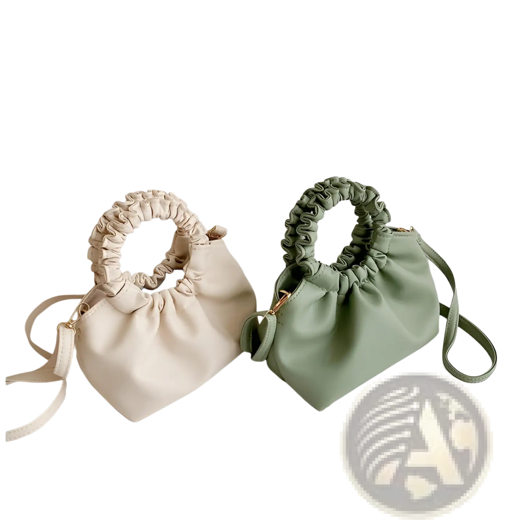 Two pastel-colored ruched leather bucket bags with soft handles and adjustable straps for versatile use