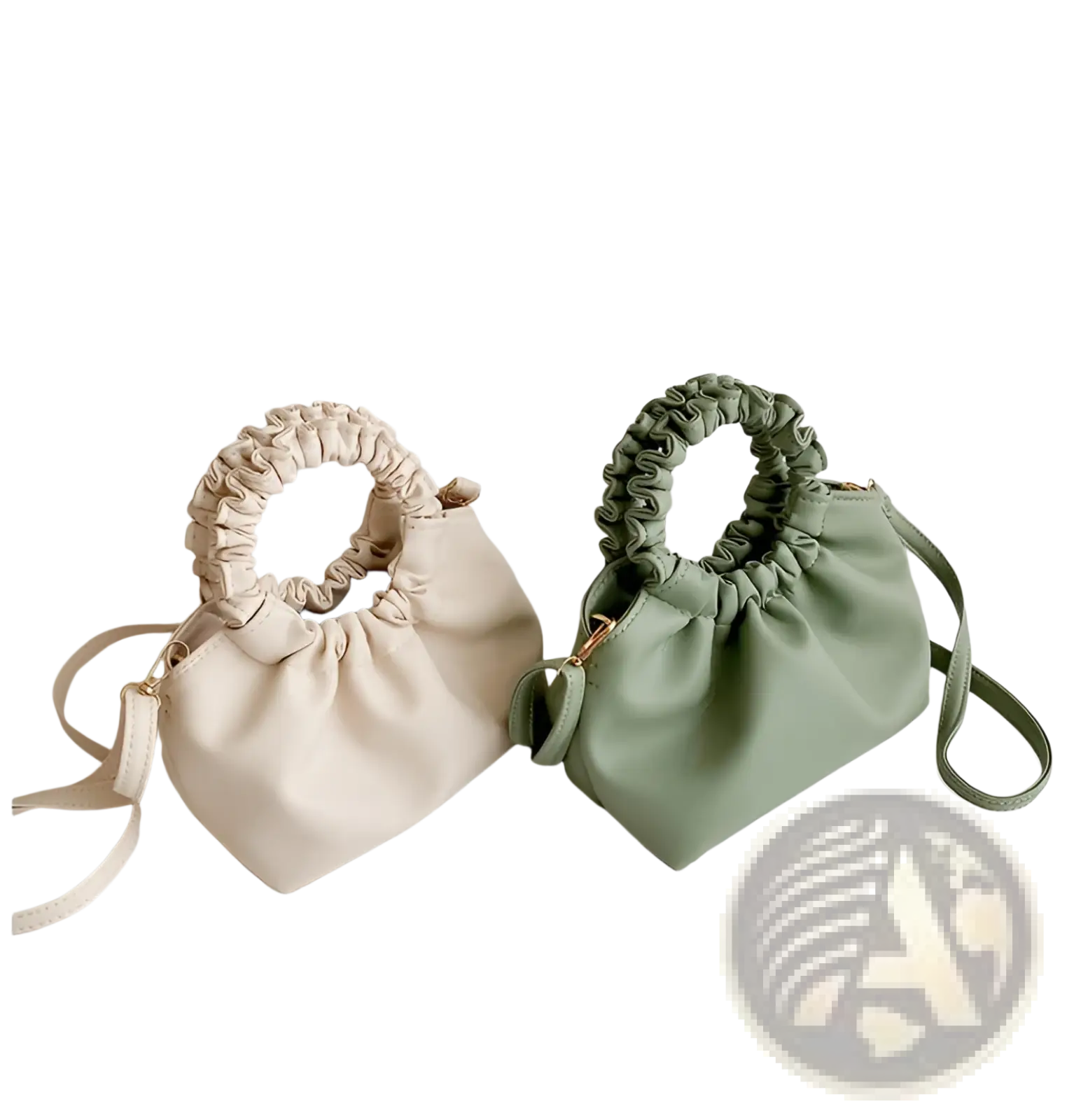 Two pastel-colored ruched leather bucket bags with soft handles and adjustable straps for versatile use