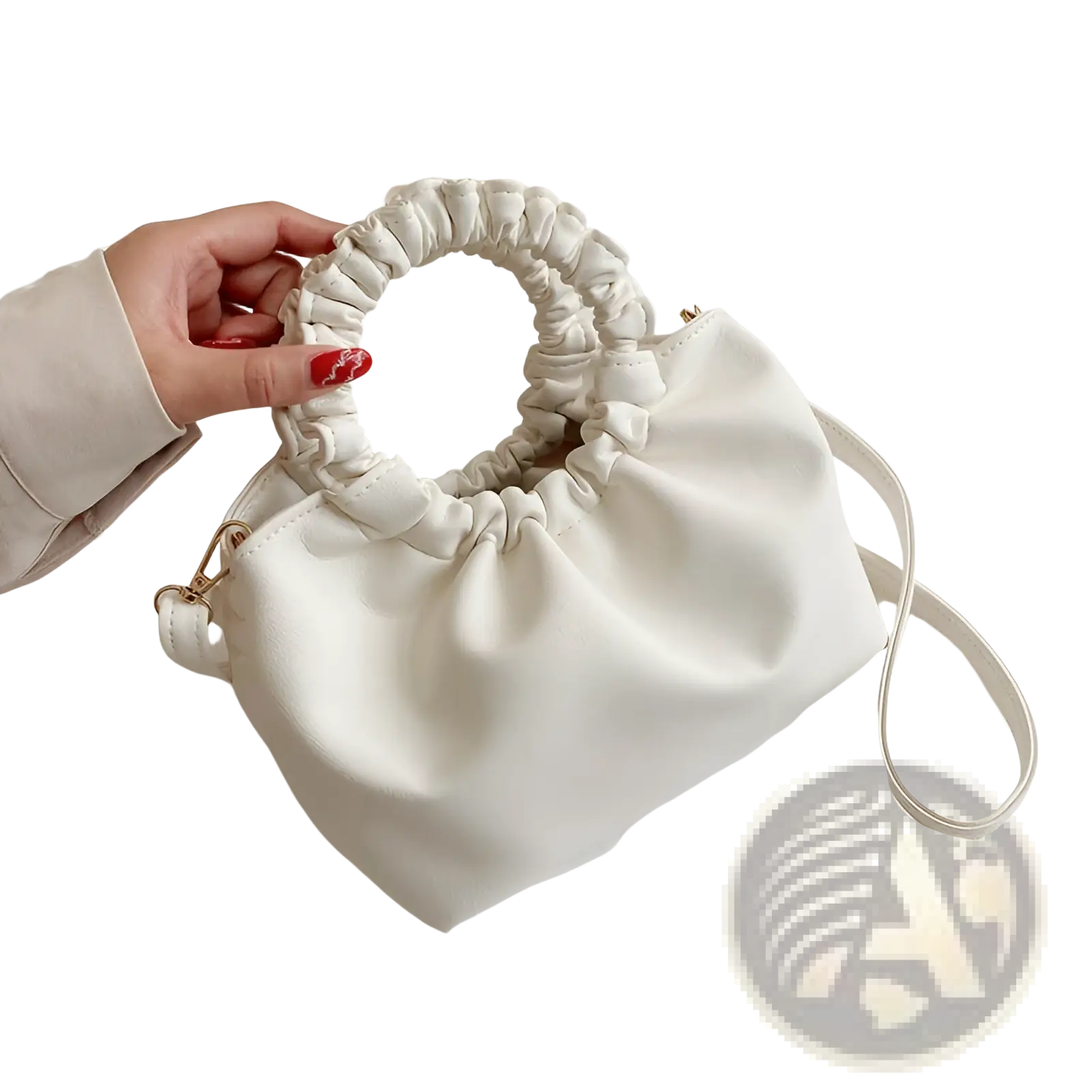 Ruched leather bucket bag in soft white faux leather with gathered circular handle and adjustable strap