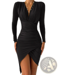 Black long sleeve slim print bodycon dress with ruched detailing and high slit for elegant evening wear