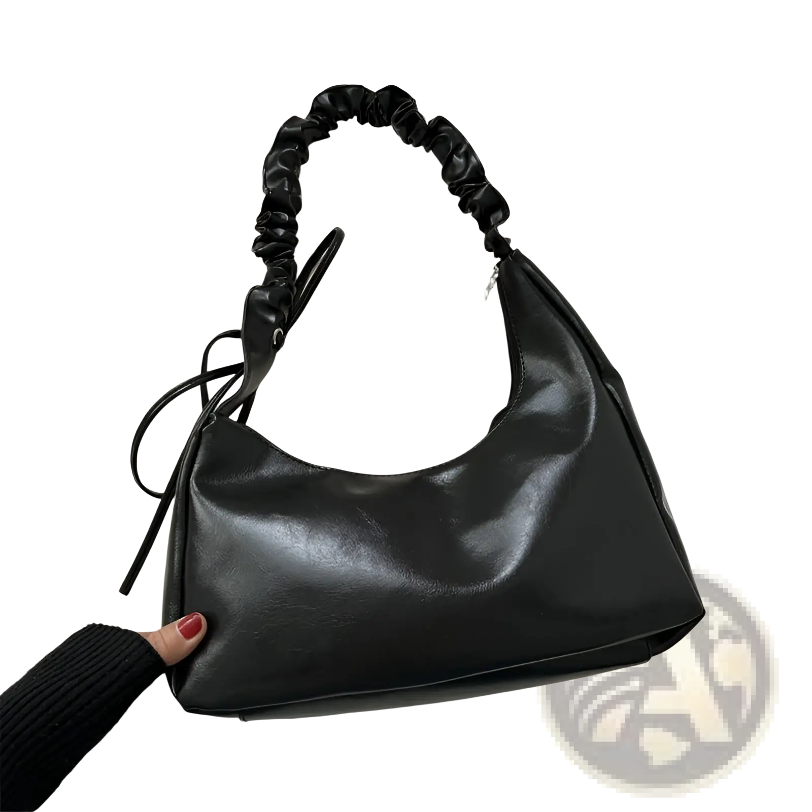 Black faux leather ruched shoulder bag with elasticated top handle and adjustable drawstring detail