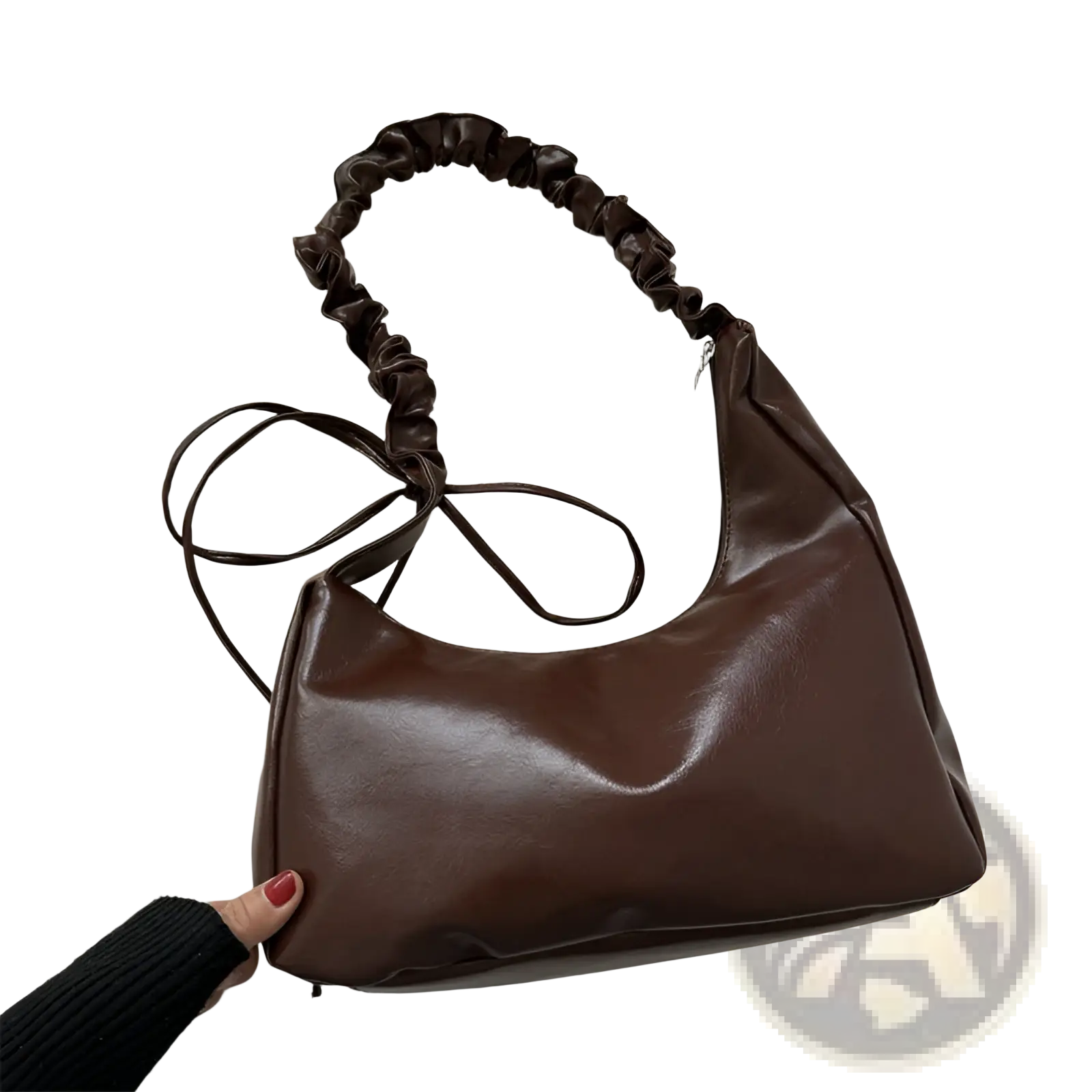 Brown faux leather ruched shoulder bag with patent finish hobo style adjustable strap and ruched top handle