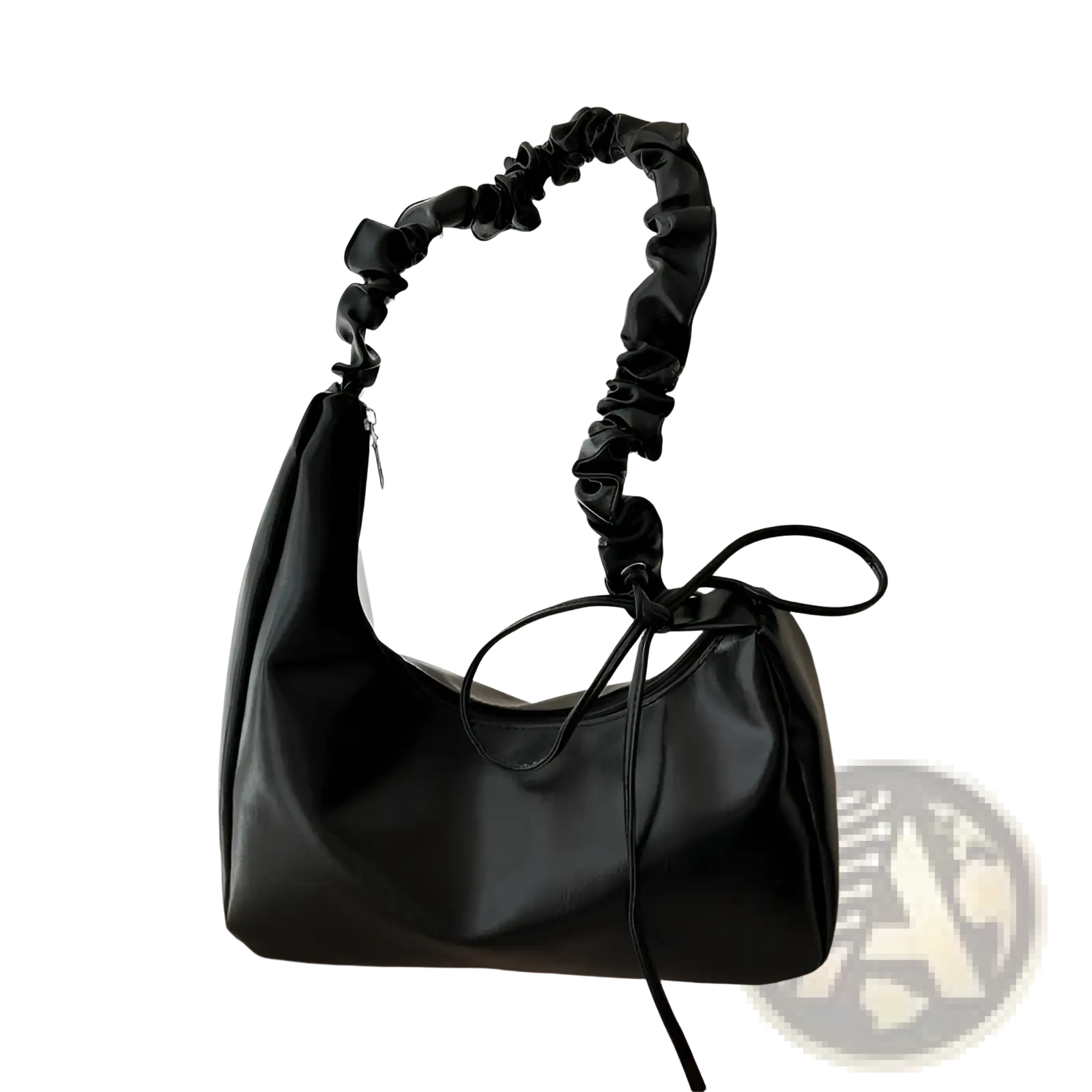 Black faux leather ruched shoulder bag with elasticated handle and tied bow detail patent leather handbag