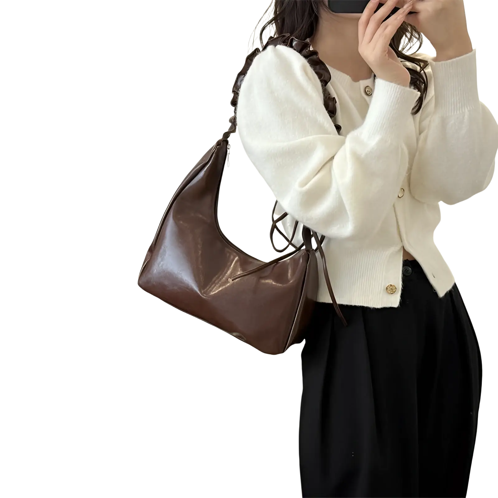 Brown ruched shoulder bag made of patent faux leather featuring a ruffled hobo shoulder strap