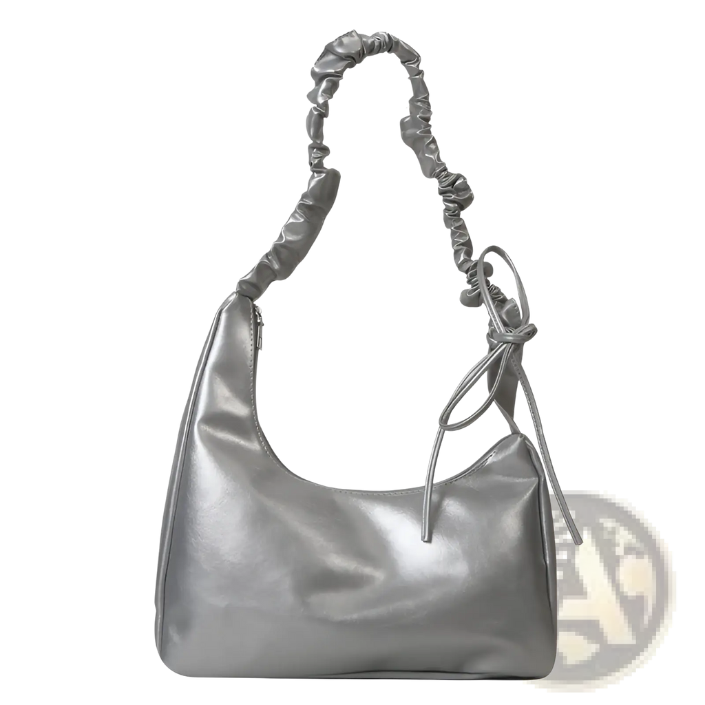 Silver metallic ruched shoulder bag in patent leather with elasticated strap and tied cord detail