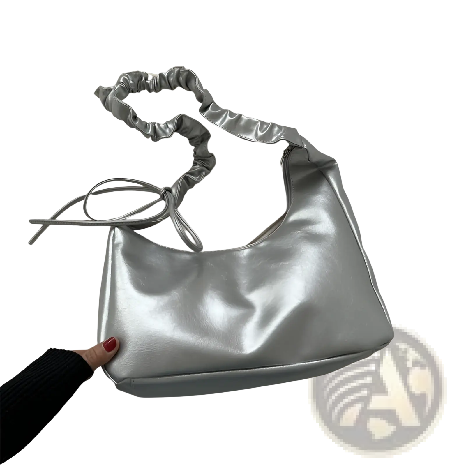 Silver metallic ruched shoulder bag with elasticated strap and tied bow detail in patent leather material