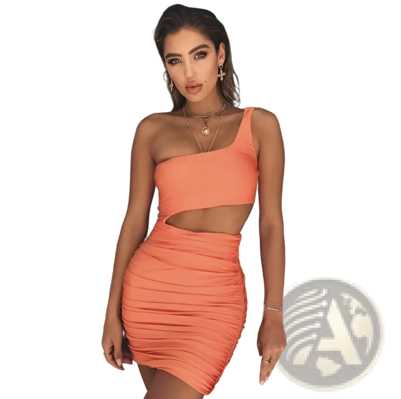 A fitted orange bodycon mini dress with one shoulder, ruched skirt, and cutout midsection for stylish wear