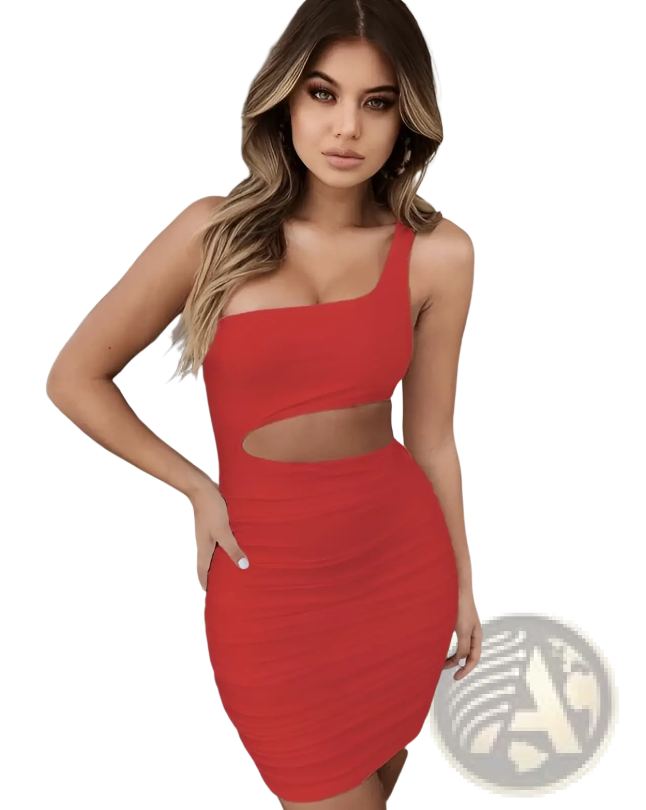 A vibrant red ruched one shoulder bodycon mini dress with midriff cutout and ribbed texture