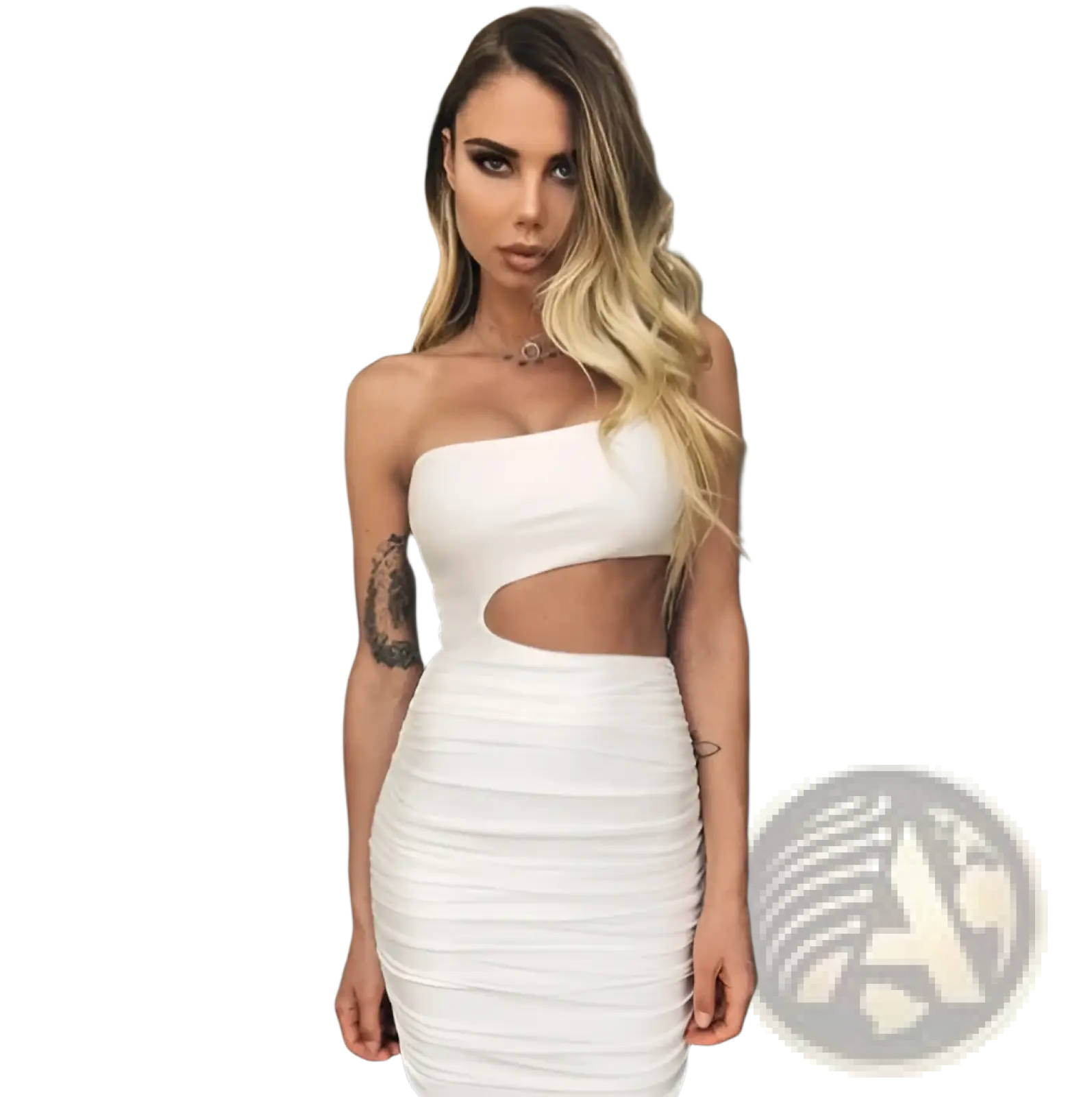 White strapless ruched bodycon mini dress with cutout detailing and textured fabric for stylish occasions