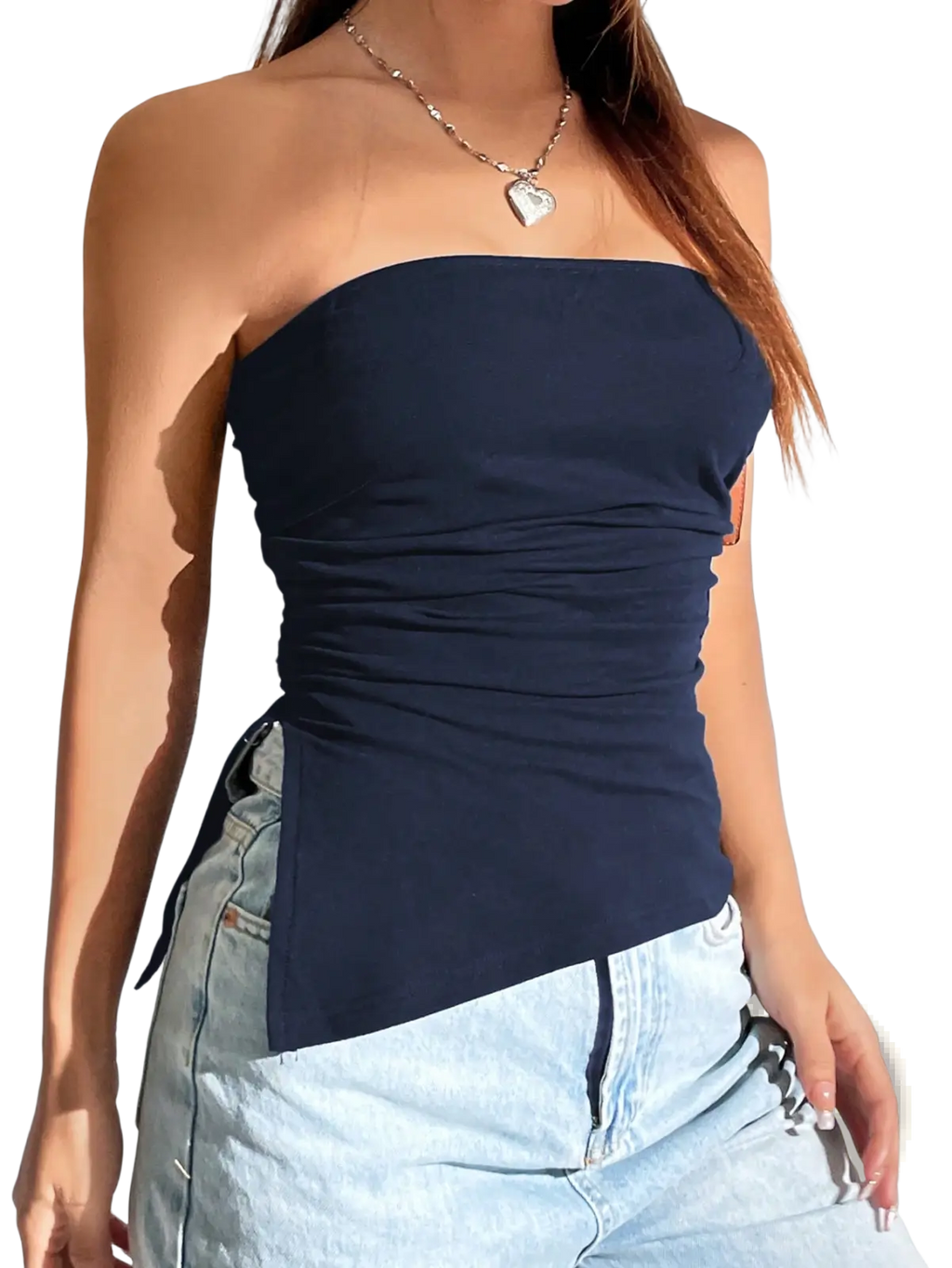 Navy blue ruched strapless cami top with side tie detail and a fitted bodice in lightweight fabric