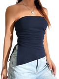 Navy blue ruched strapless cami top with side tie detail and a fitted bodice in lightweight fabric