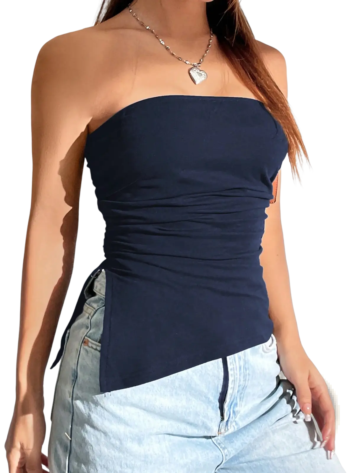 Navy blue ruched strapless cami top with side tie detail and a fitted bodice in lightweight fabric