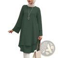 A flowing dark green ruffle hem long tunic dress with long sleeves and round neckline for party wear