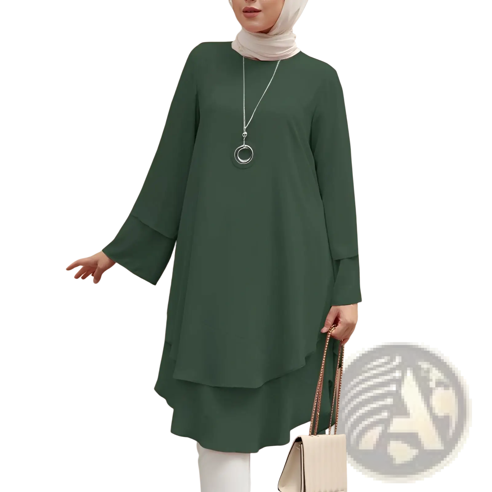 A flowing dark green ruffle hem long tunic dress with long sleeves and round neckline for party wear