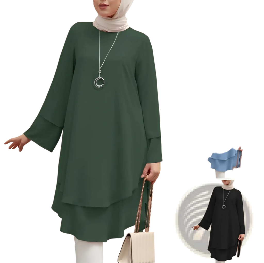 Dark green tiered ruffle hem long tunic dress with long flared sleeves and round neckline for party wear