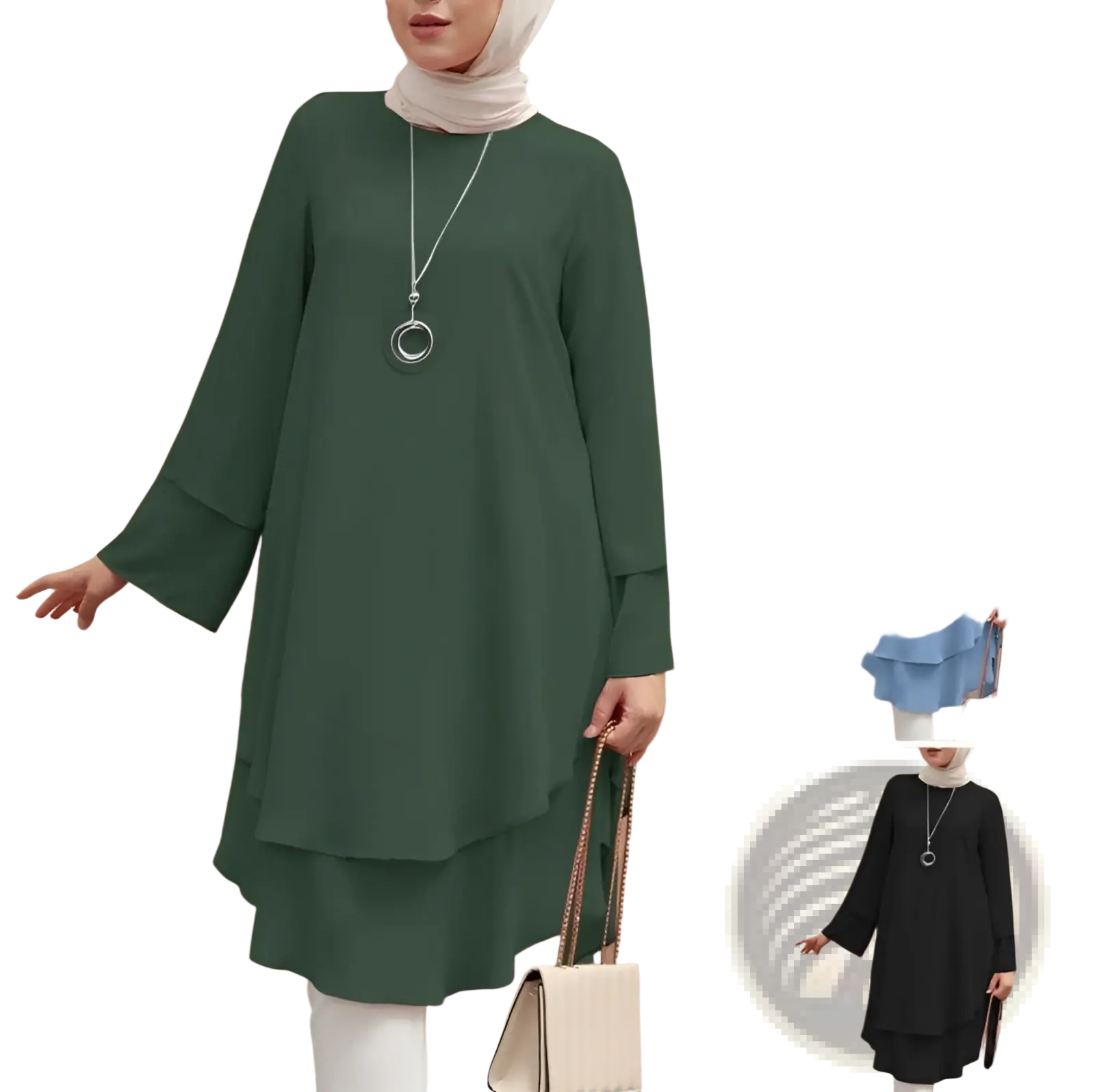 Dark green tiered ruffle hem long tunic dress with long flared sleeves and round neckline for party wear